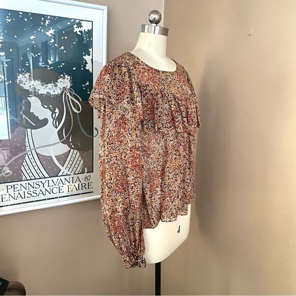 Love Shack Fancy Silk Print Peasant Blouse Sheer Ruffle Boho Floral S - Picture 9 of 10